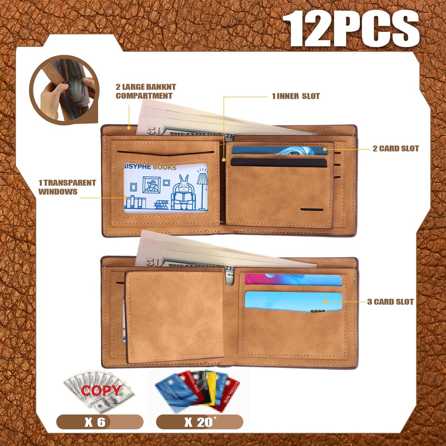 Dansydaisy 12 Pcs Leather Photo Wallet for Men Fold PU Leather Wallets for DIY Fathers Day Dad Birthday Gift(Brown)