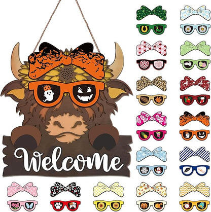 Highland Cow Front Door Decorations - Interchangeable Welcome Sign for Front Door with 16 Set Changeable Icons for Seasons Holiday Thanksgiving Christmas Door Decor