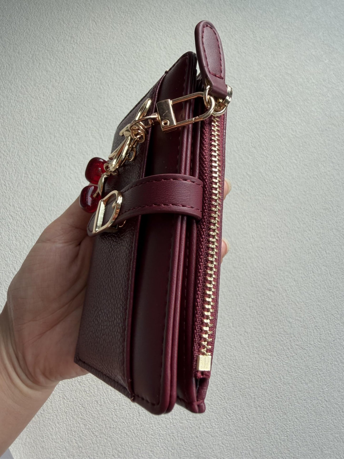 Ninmon Shares Small Wallet for Women Wine Red PU Leather Trifold Card Holder with Coin Pocket & Red Cherry Keychain (Red)
