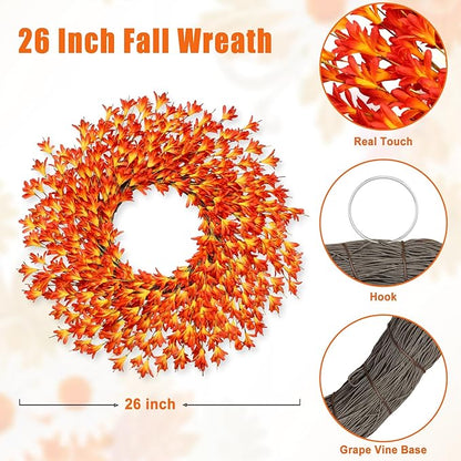 26 Inch Realistic Fall Wreaths for Front Door Outside Autumn Wreath Outdoor Indoors Fall Decorations for Home Thanksgiving Halloween Holiday Decorations Clearance for Wall Porch Door (Orange)