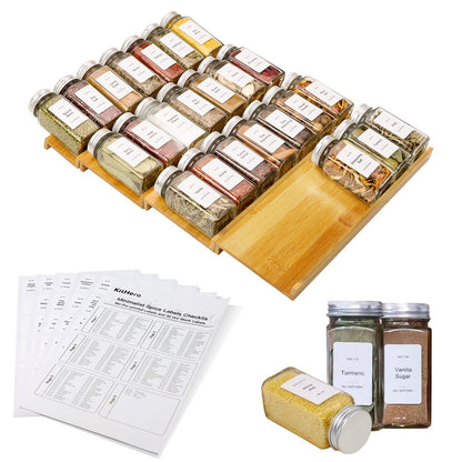 Spice Drawer Organizer with 24 Spice Jars and 216 Labels,Non-slip Rubber, Bamboo 4 Tier Spice Racks Tray Seasoning Containers for Kitchen Drawers,Cabinets,Countertops,13" Wide * 15.8" Deep