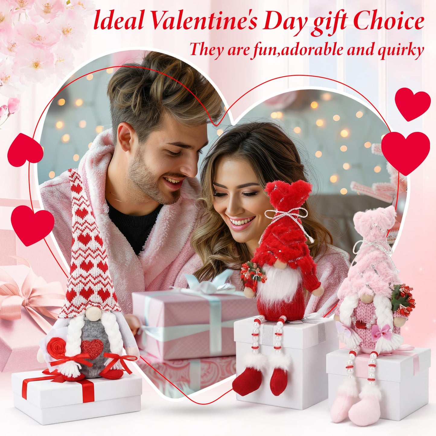 Sumind 3 Pcs Valentines Day Gnome Decorations Valentines Red Gnome Plush Gifts with Long Legs Pink Red Table Sitting Decorations Romantic Gift for Her Him Home Office Decoration