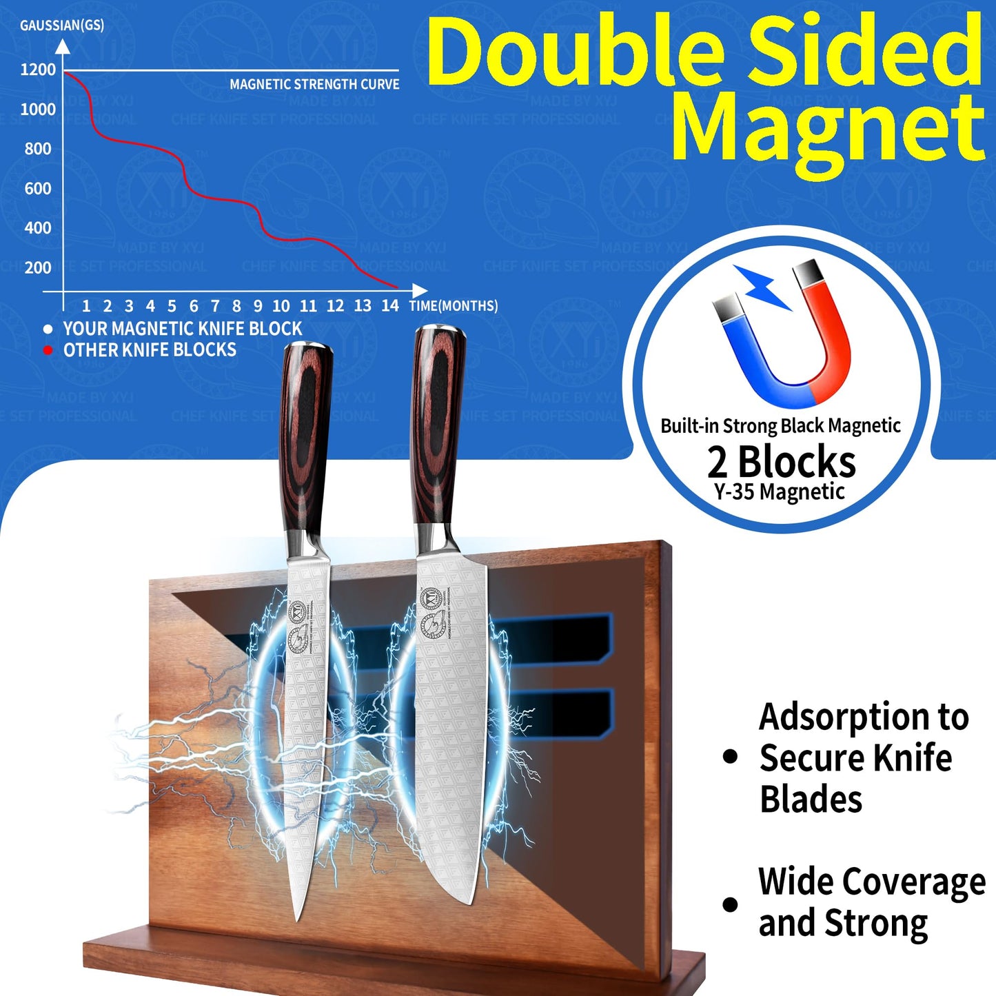 XYJ Authentic Since 1986, Magnetic Knife Block, Double Side Kitchen Knife Stand, Acacia Wood, Magnetic Knife Holder with Strong Enhanced Magnets,Knives Storage Rack Stand for Home Kitchen