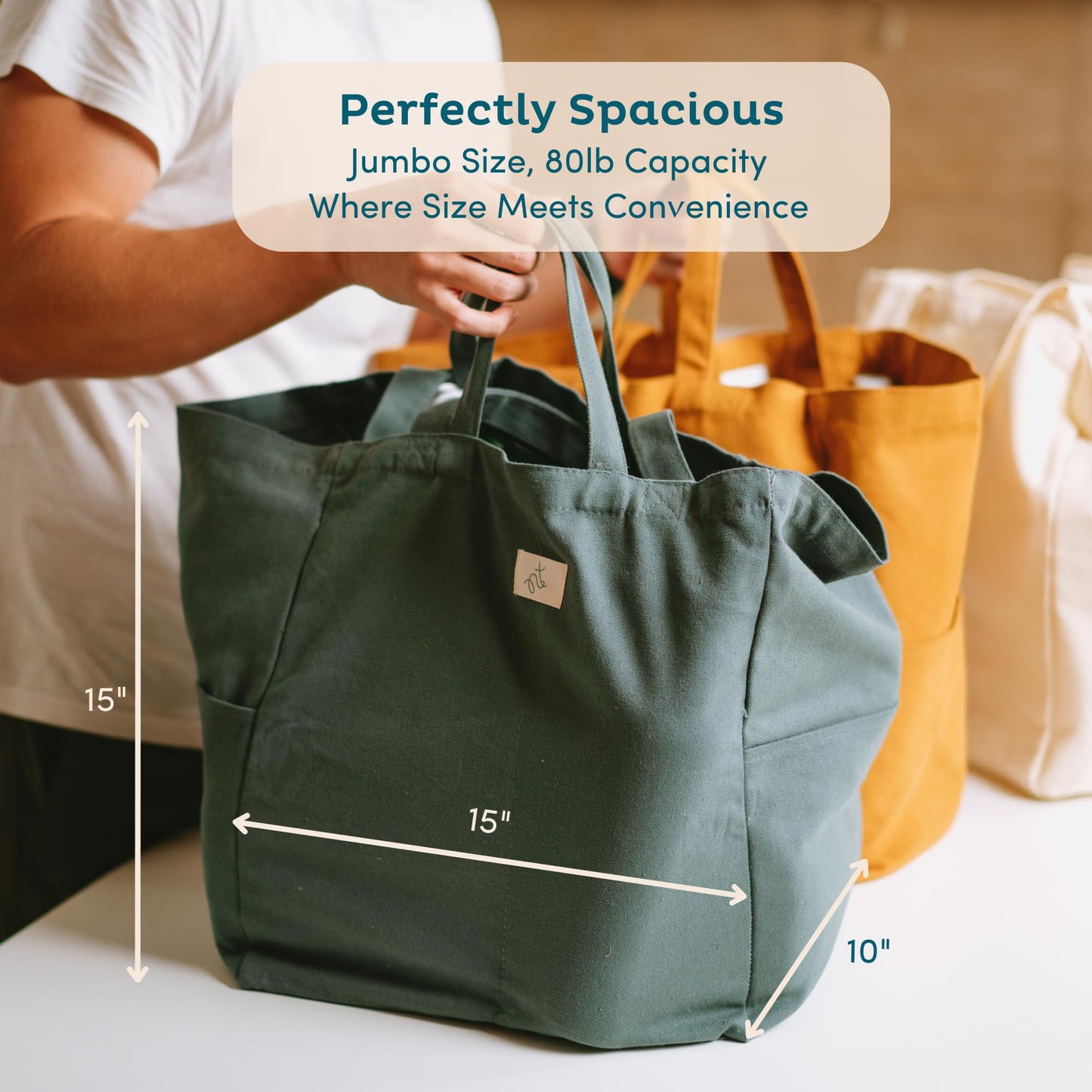 Nook Theory 3-Pack Reusable Grocery Bags - Heavy Duty, Large 12 Oz Cotton Canvas Reusable Shopping Bags With Pockets, 100% Cotton Cloth Grocery Totes, Foldable Multi Compartment (Ocean)