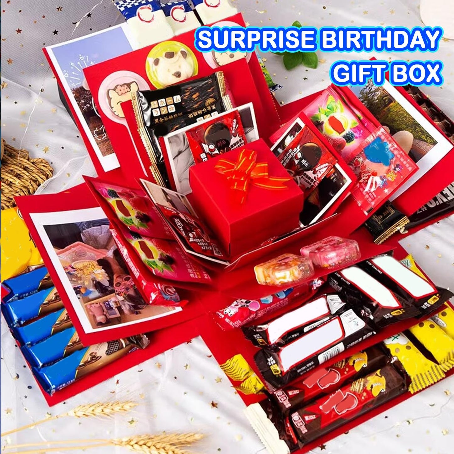 5-Layer creative explosion gift box, gift wrap box. Creating a 5-Layer of various gifts by yourself. An ideal, mysterious self-made gift for birthday, Christmas and anniversaries. (Red, Square)
