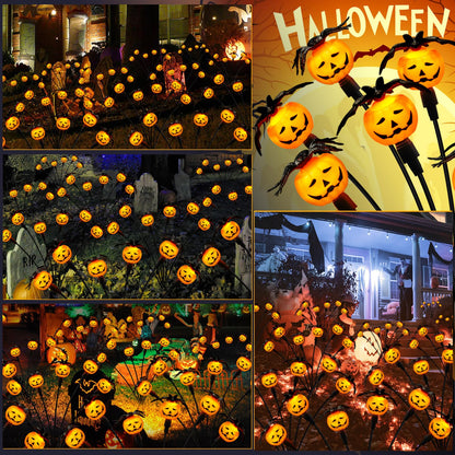 Weepong Halloween Decorations Outdoor 2 Pack Solar Lights, 12 LED Scary Pumpkin Swaying Firefly Lights with Spider & Bats for Outside Garden Yard Lawn Grave Cemetery Ghost Decor Party, Orange