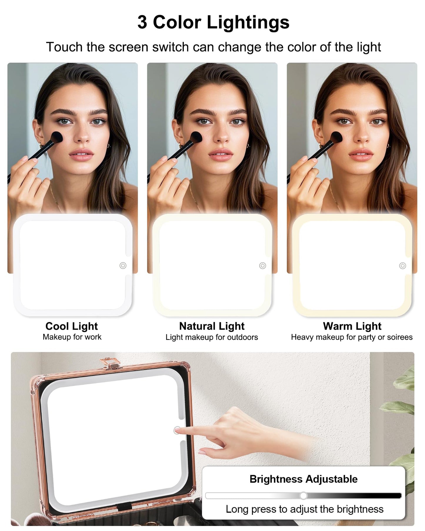 Relavel Makeup Bag with LED Mirror, Makeup Box Travel Train Case with Rechargeable Lighted Mirror, Cosmetic Brush Organizer Storage for Makeup Artists Gifts for Women and Girls, Rose Gold
