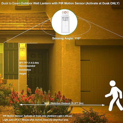 GRUENLICH Dusk to Dawn Large Outdoor Wall Lantern, PIR Motion Sensor Wall Sconce, E26 Base Max 60W, Metal Housing Plus Glass, White Finish, Bulb Not Included, 2-Pack