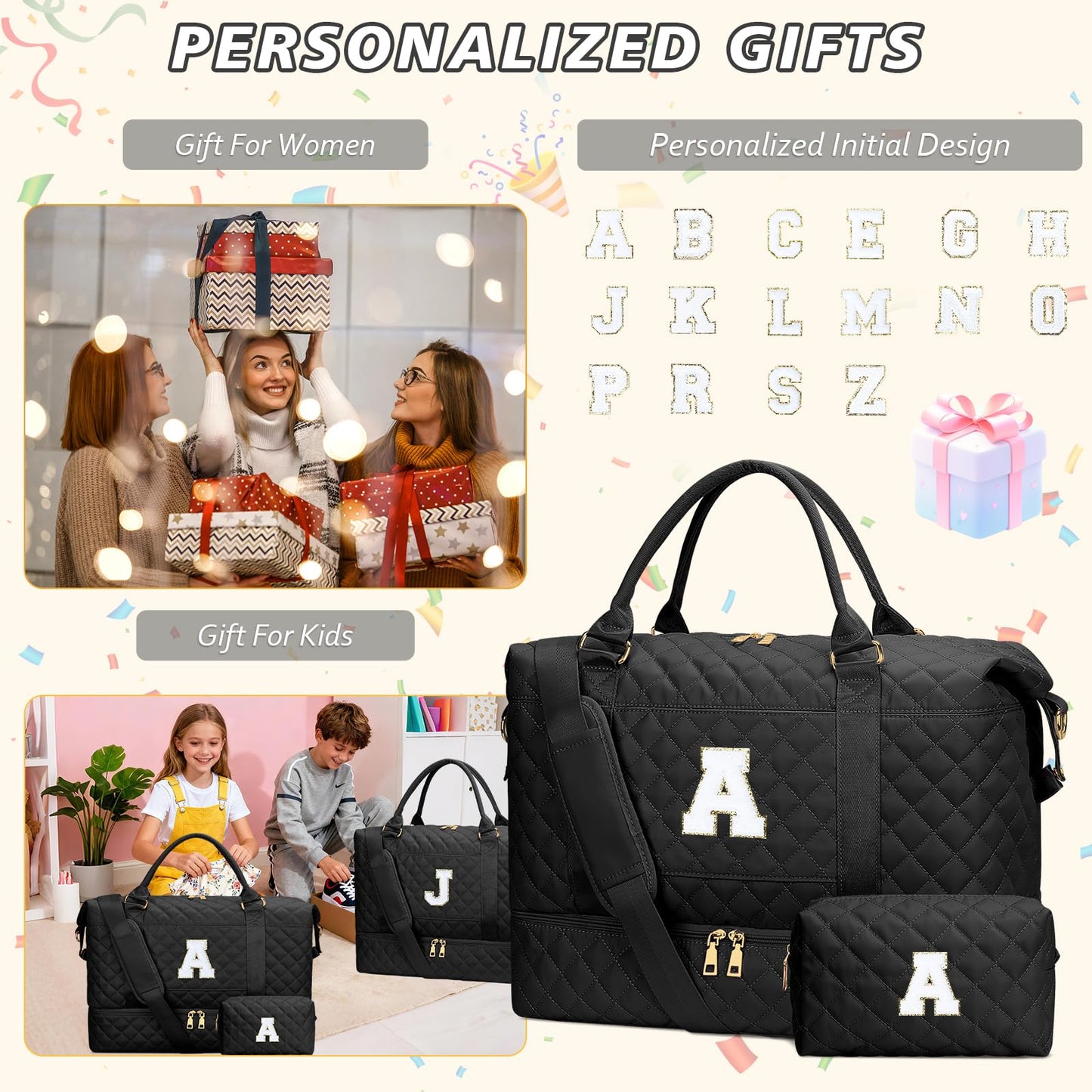 CLOUDWINGS Gifts for Women Girls Initial Travel Duffle Bag Quilted Weekender Carry-On Overnight with Cosmetic Bag, Gym Bag with Shoe Compartment, Black A