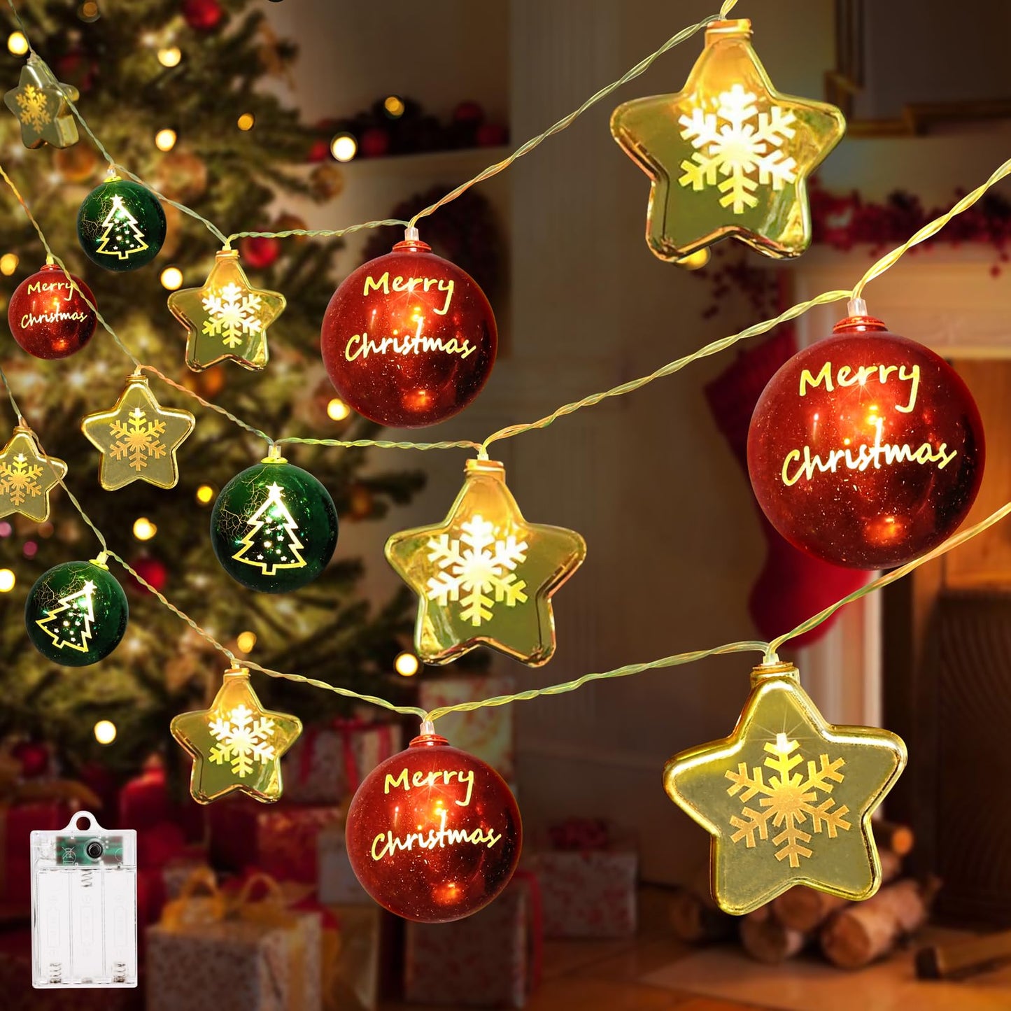 Christmas Decorations Lights, 13.5ft 20 Led Battery Christmas Light with Timer & 8 Modes, Christmas Ball & Star Ornaments Light for Xmas Tree Wreath Window Wall Home Garden Outdoor Indoor Decor