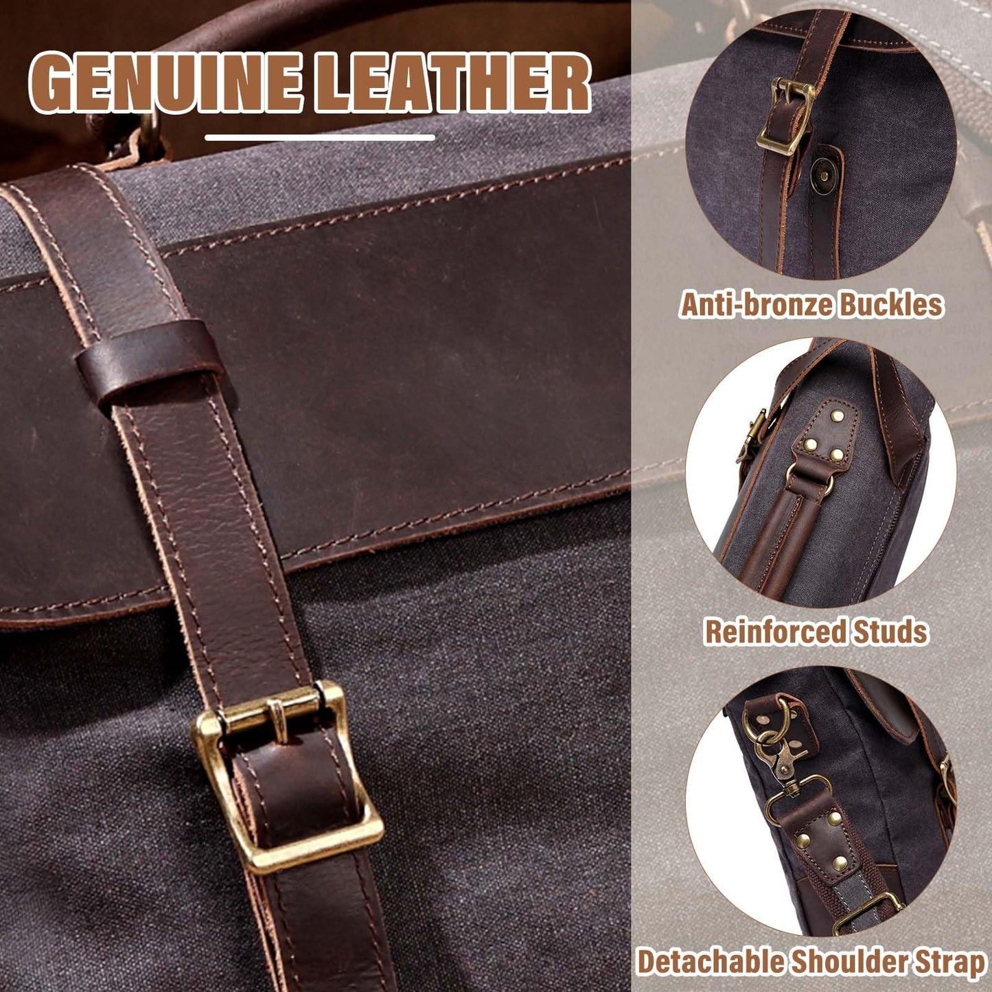 VASCHY Vintage Canvas Leather Messenger Bag School Shoulder Bag Business Briefcase Satchel Gray