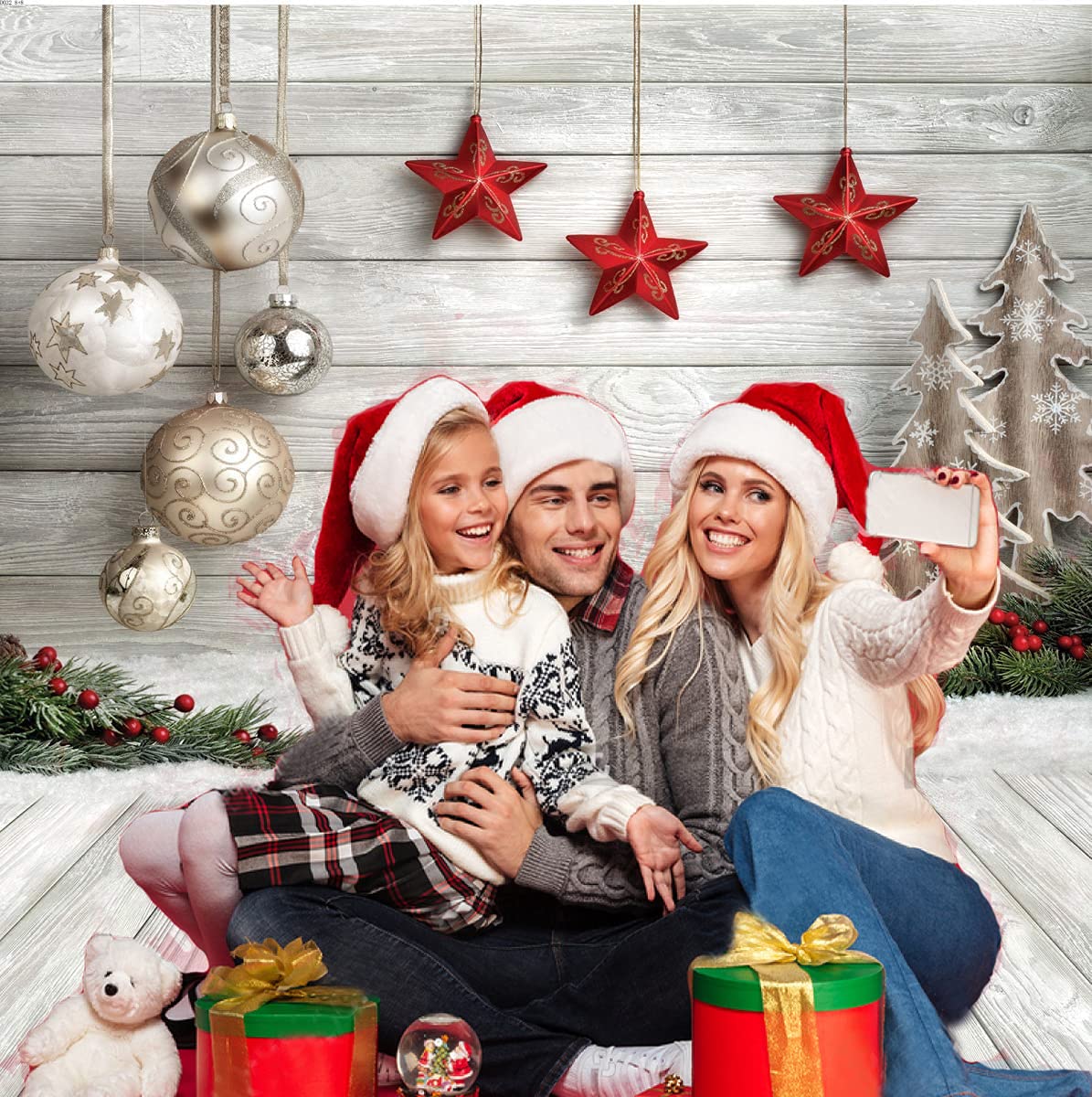 Dudaacvt 10x10ft Christmas Backdrop with Xmas Tree, Balls, White Wood Floor for Photography