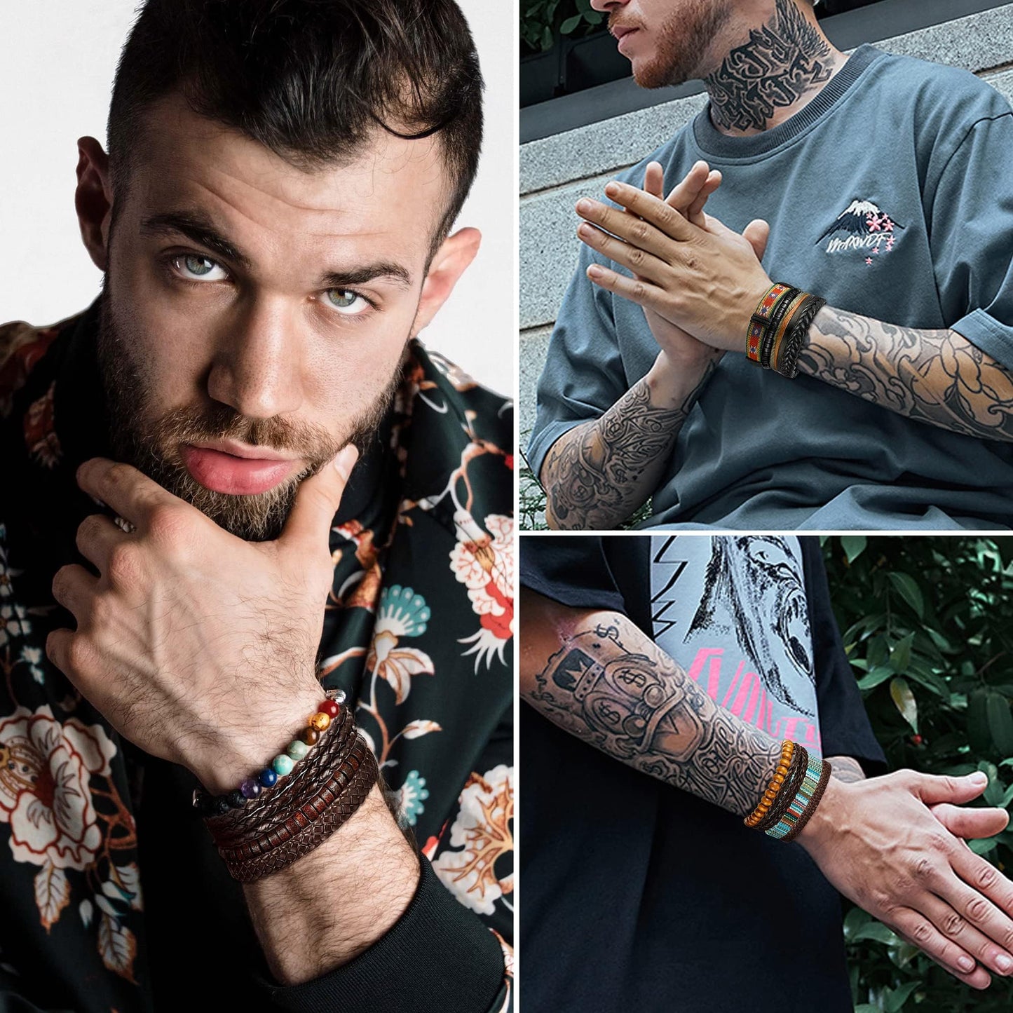 FIBO STEEL Braided Leather Bracelets for Men Women - Wooden Beads Cool Wrap Cuff Bracelets Mens Hemp Tribal Wristbands Punk Vintage Bracelet Set 31 Pcs