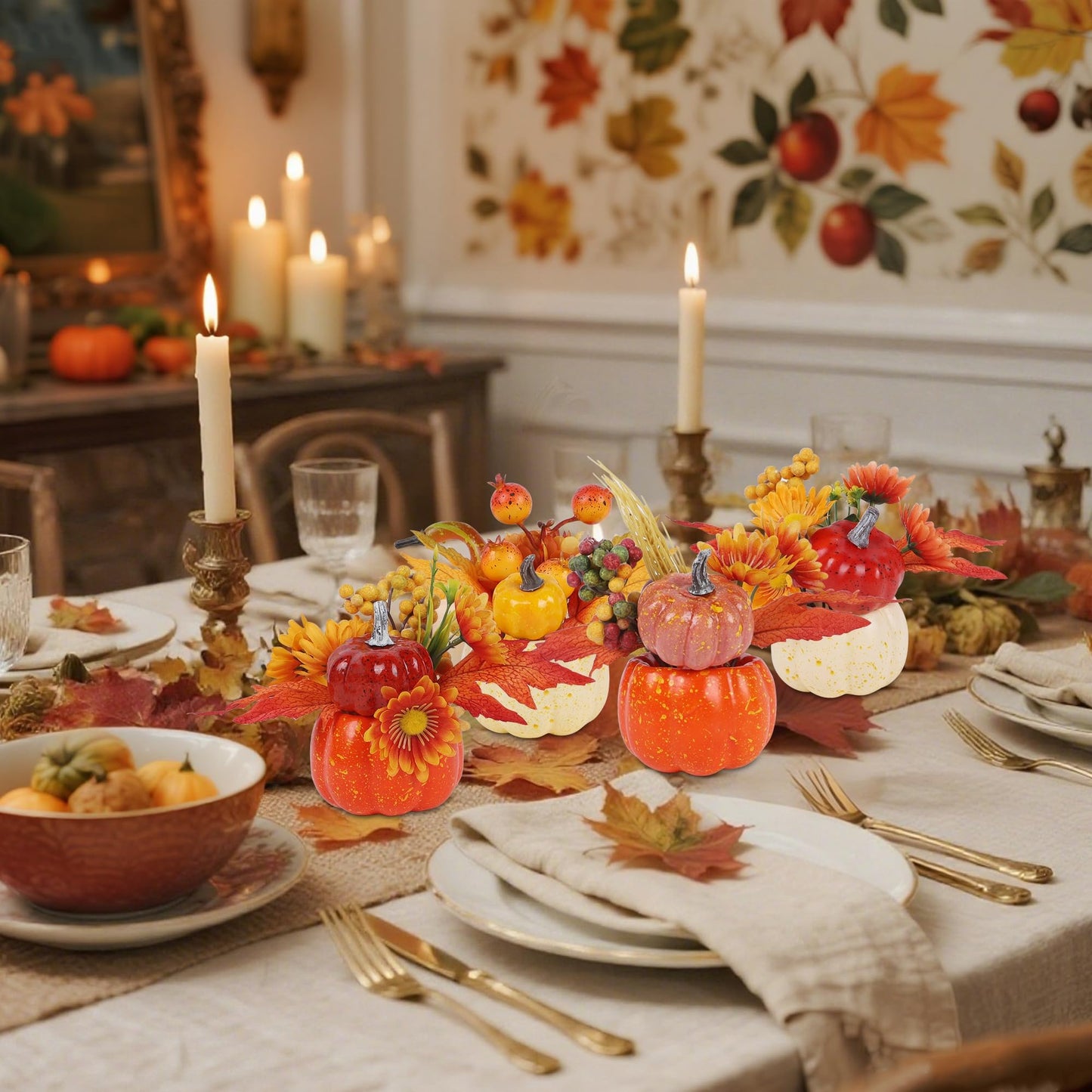 winemana Fall Decorations for Home - Set of 6 Artificial Pumpkins with Maple & Flowers, Thanksgiving Table Decor, Pumpkin Vases Centerpiece for Kitchen Office Indoor