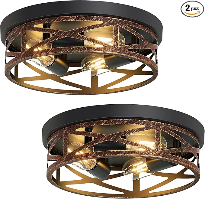 Flush Mount Ceiling Light Fixture,Vintage Metal Black Hallway Light Fixtures Ceiling,Light Fixtures Ceiling Mount for Farmhouse,Kitchen,Hall,Brown(2 Pack (Retro Metal Black, 13 inch)