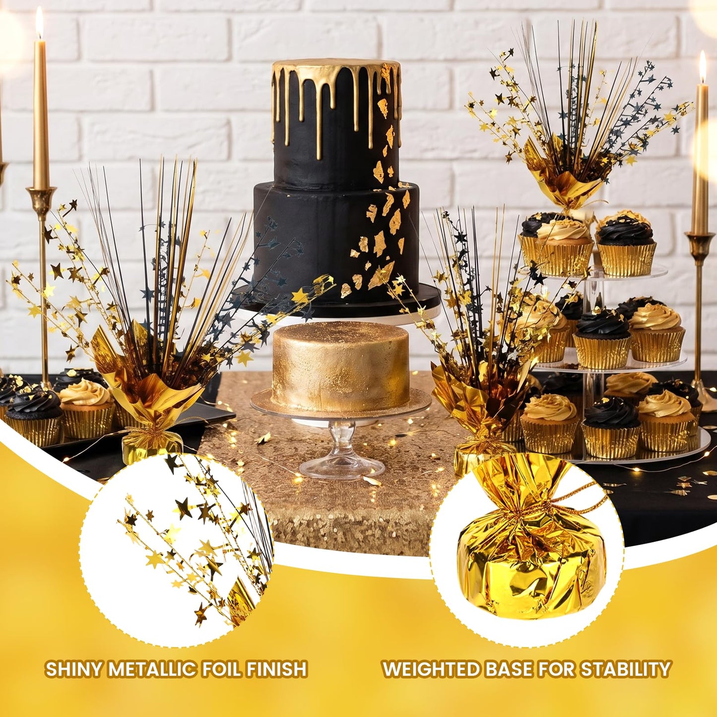 12 Pack Metallic Foil Spray Star Centerpieces for Tables, Black and Gold Party Decorations for Wedding Birthday Baby Shower Bachelorette Retirement New Years Party Table Decorations