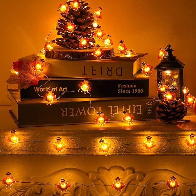 10 Ft 30 LED Thanksgiving Decorations Turkey String Lights, Thanksgiving Lights Decorations Battery Operated Turkey Lights Copper Wire Fairy String Lights for Party Home Indoor Decor