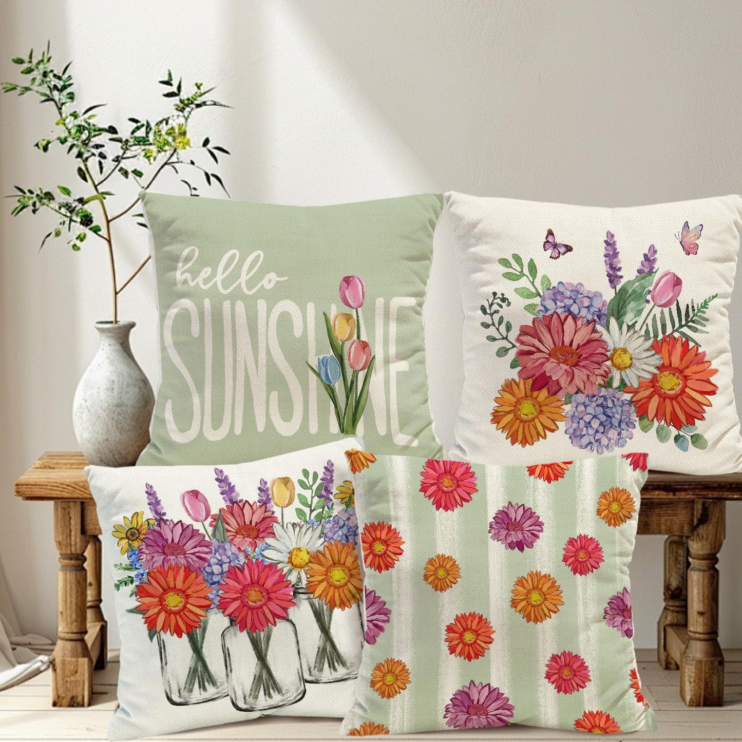 Tikeciti Spring Summer Vibrant Daisies Pillow Covers Blooming Wildflower Vase 18 x 18 Inch Throw Pillows, Hello Sunshine Seasonal Decorative Farmhouse Cushion Case for Sofa Couch Set of 4