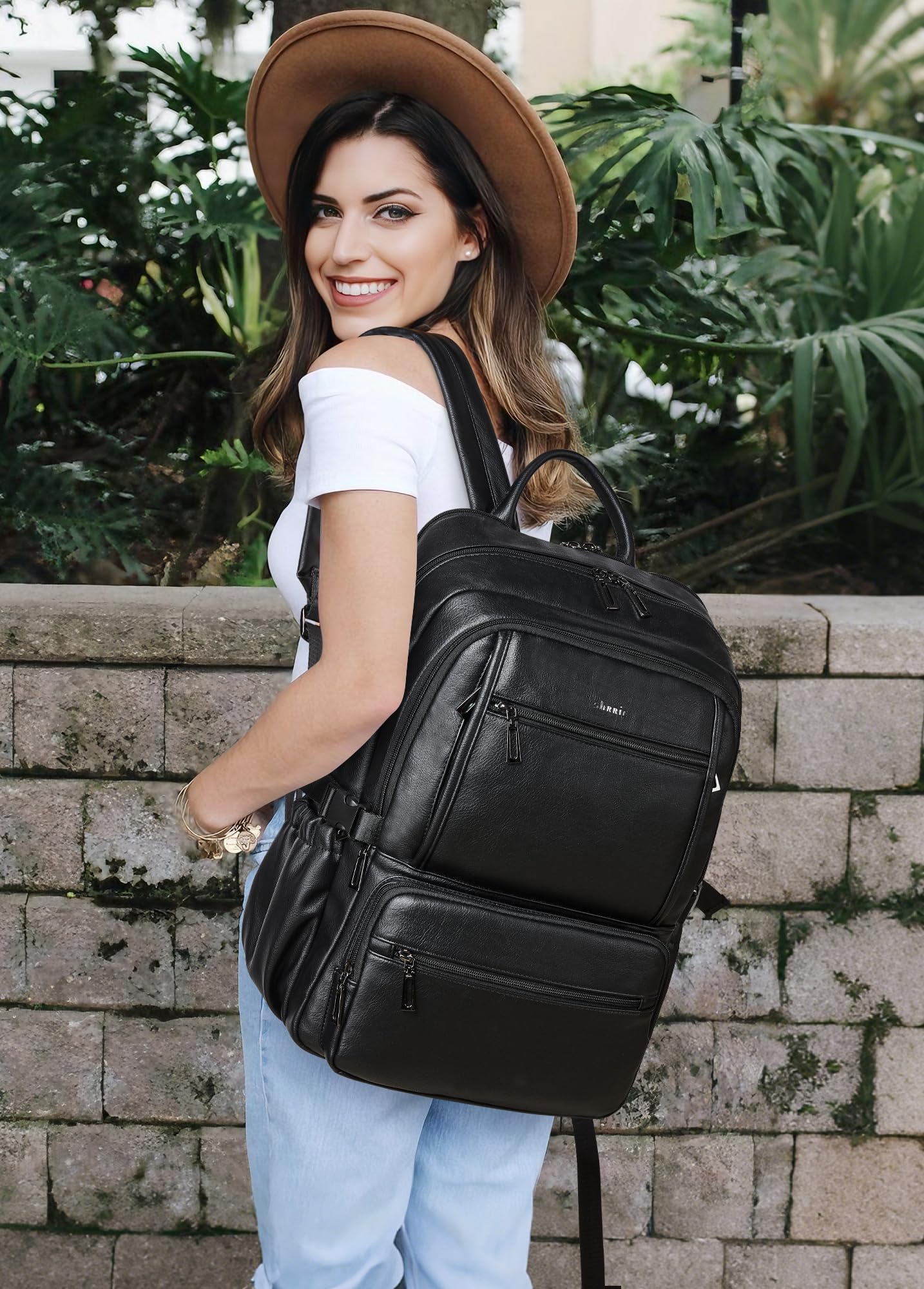 Shrrie Leather Backpack Purse Fit 17 Inch Laptop for Work Travel Business College Women Mens Leather Computer Tote Backpack Purse Black 35L Roomy Office Water-Resistant Back Pack Bag