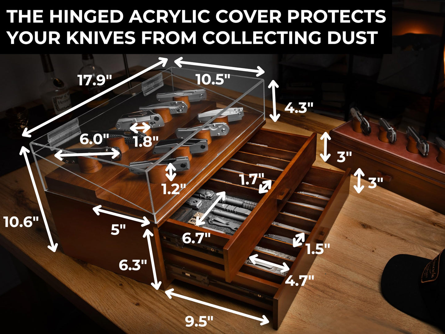 Premium Pocket Knife Display Case for 50 Knives - Extra Large Wooden Knife Organizer, Storage & Holder with Unique Pillars, 2 Drawers - Knife Collection Box - Handcrafted Father's Day Present for Men