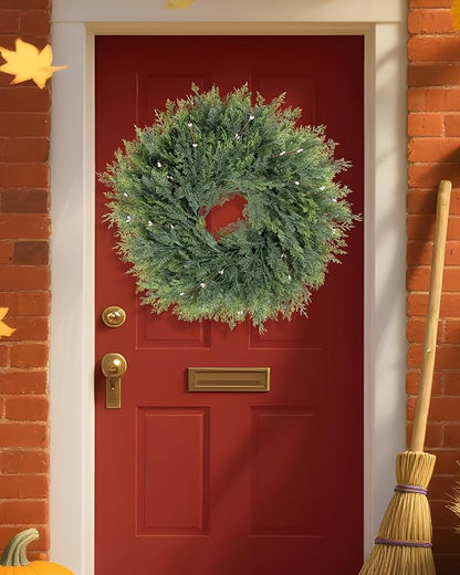 Home Decor Greenery Faux Cypress Plant, Large Front Door Wreath with 6PACK Artificial White Berry Fruit, 22inch Green Wild Wreath
