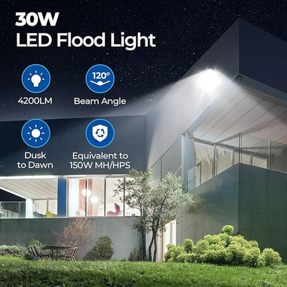 CINOTON 30W Dusk to Dawn LED Flood Light Outdoor, 4200LM IP65 Waterproof Security Wall Lighting Fixture with 180°Knuckle for Barn Yard Factory 5000K Daylight AC100-277V 1 Pack