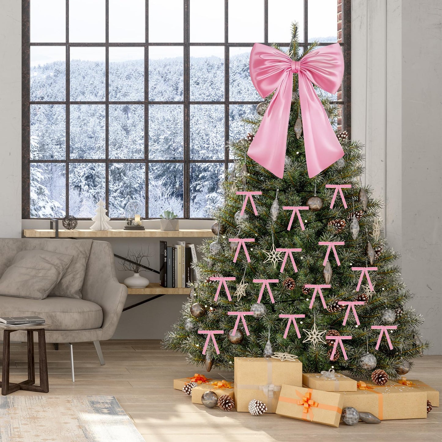 17x23 Inch Large Pink Bow for Christmas Tree Topper Christmas Tree Decoration Set: 24 Small Velvet Bows, 1 Pcs Big Tree Topper Bow, 3000 Strands of Tinsel Icicles for Holiday Decor (Pink)