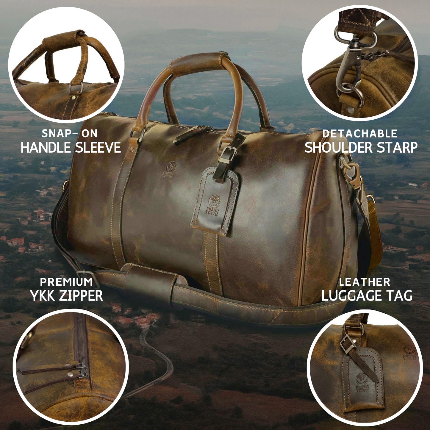 Leather Duffle Bag for Men - Full Grain Leather Travel Bag - TSA Approved Carry On Weekender Overnight Duffel Bag (20 inch)