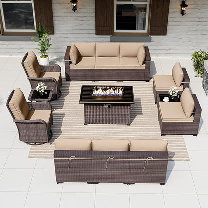 ALAULM 13 Pieces Patio Furniture Set with 2 Swivel Chairs Patio Furniture Outdoor Sectional Sofas with 55000 Gas Fire Pit Patio Conversation Set w/10 Cushions-Sand