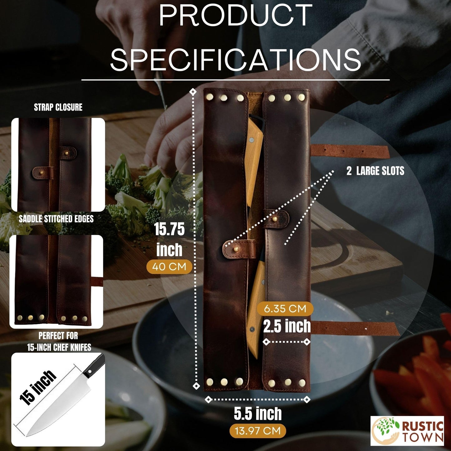 RUSTIC TOWN Leather Knife Roll - Chef Knife Case for Professional & Home Use - Secure & Stylish Knives Organizer - Travel Friendly for Men & Women