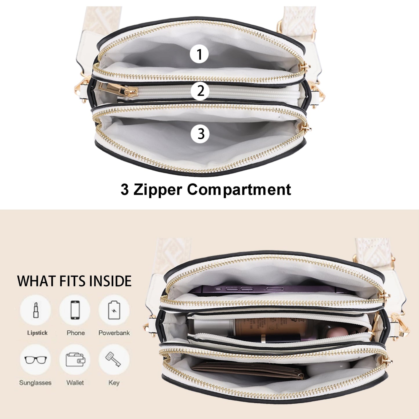 EVVE Crossbody Bags for Women Trendy Small Crossbody Camera Bag Purse Vegan Leather Triple Zip Crossbody Purses with Extra Long Webbing Strap| WT