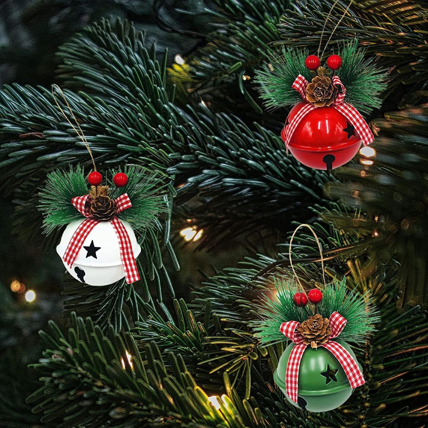 Christmas Bell Ornaments 2025 Xmas Tree Hanging Decorations Large Size Bells with Holly Berry for Crafts Holiday Party Favors Supplies (Red,Green, White) 6 Piece