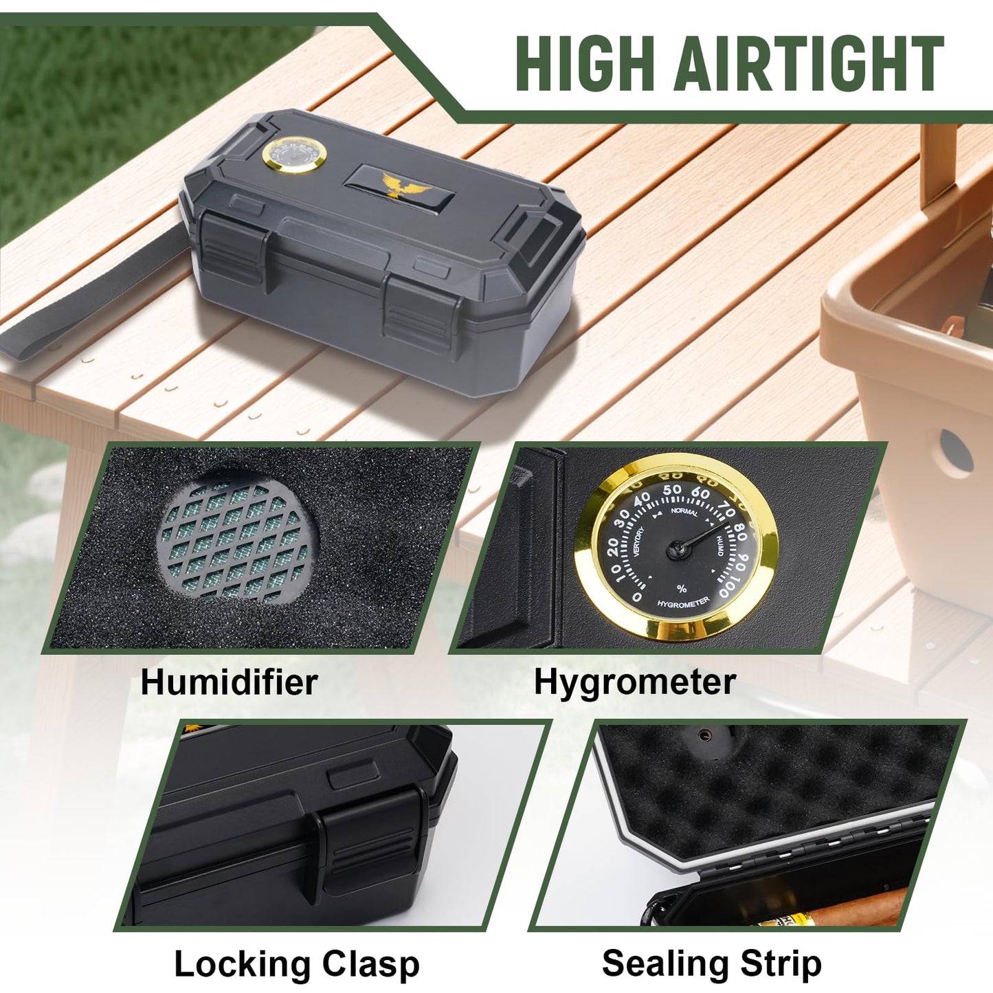 Bald Eagle Travel Cigar Case, Humidor Box with Ash Tray, Portable Case with Humidifier Hygrometer, Highly Airtight, Hold 10 Cigars