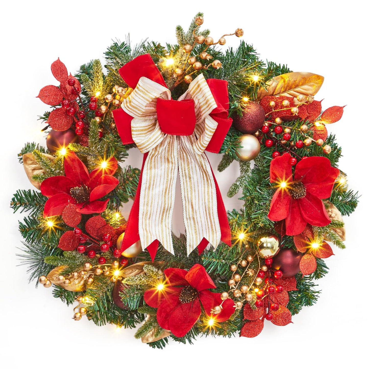 GarveeHome Christmas Wreath, 24 in Artificial Pre-Lit Christmas Wreaths for Front Door with 20 LED Lights & 8 Modes, Pine Needles & Red Berries, Accent Decor for Winter Holiday Home Office Apartment