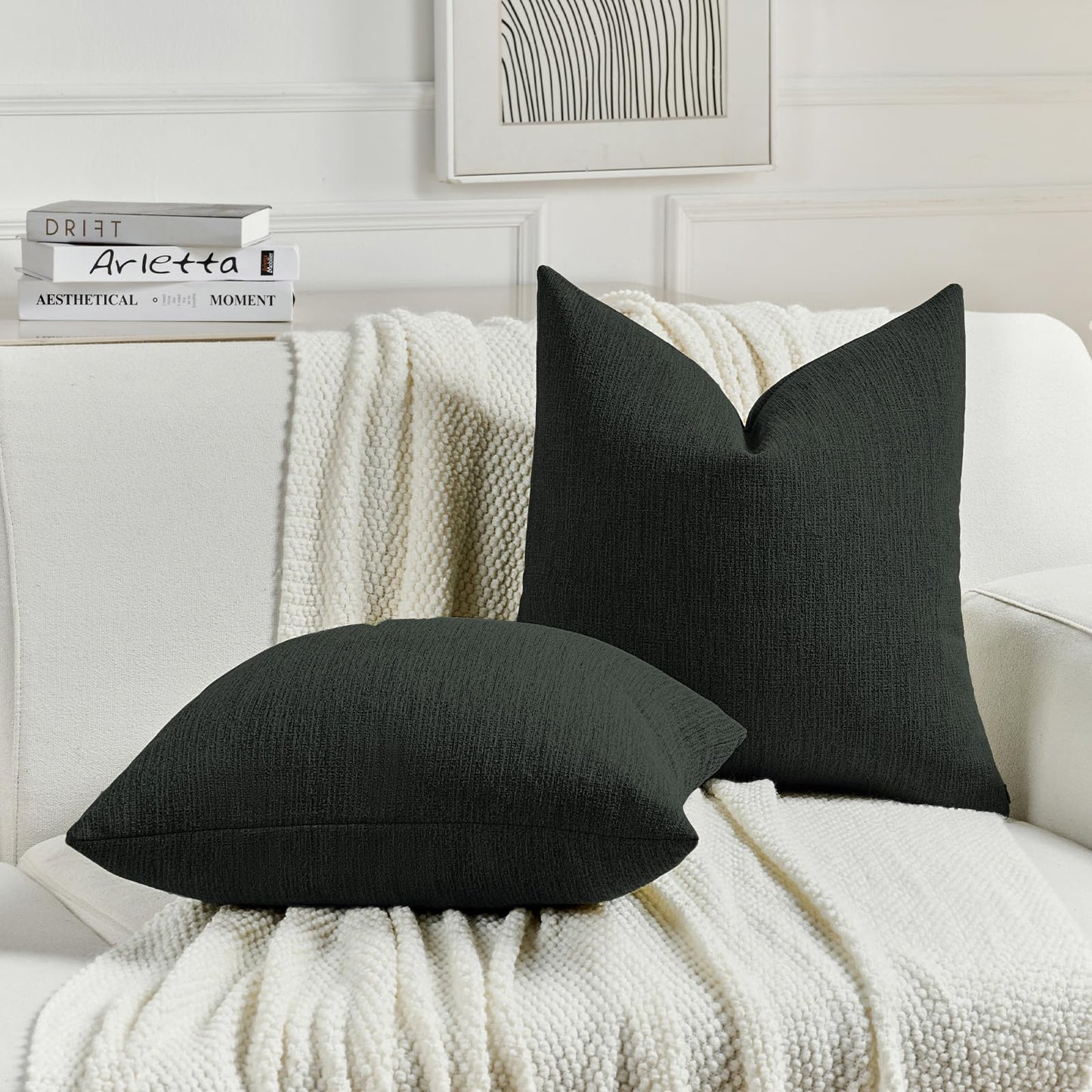 FUTEI Pack of 2 Chenille Decorative Throw Pillow Covers 18x18 Inch,Soft Cozy Faux Linen Textured Cushion Case,Farmhouse Home Decor for Couch Living Room,Black