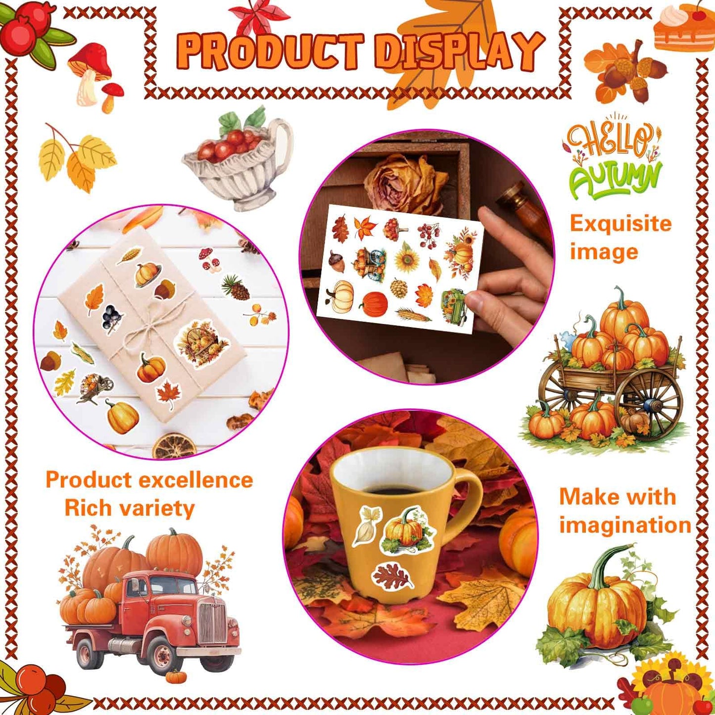 32 Sheets Fall Theme Sticker, Pumpkin Stickers, Hello Autumn Sticker, Thanksgiving Stickers for Kids, Fall Harvest Food Pumpkin Maple Leaves, Thanksgiving Party Favors Supplies