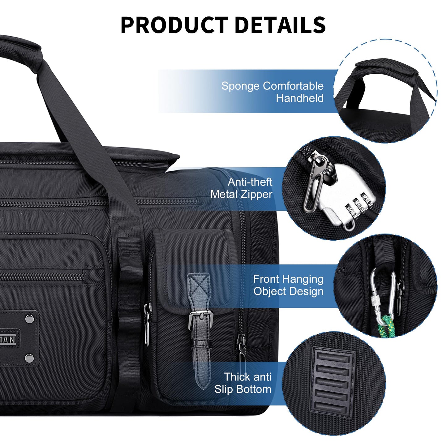 WITZMAN Duffle Bag for Men Large Carry On Weekender Bag 54L Nylon Duffle Gym Bags for Travel with Shoes Compartment(B717 Black)