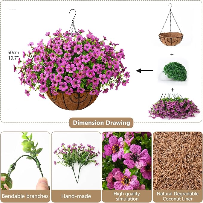 Artificial Faux Hanging Plants Flowers Basket Outdoor Porch Garden Spring Summer Decoration, Fake Silk Daisy in Planter Realistic UV Resistant for Outside Home Patio Balcony Yard(Purple)