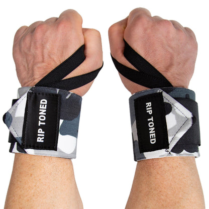 Rip Toned 18" Wrist Wraps for Weightlifting - Gray Camo Flex, USPA