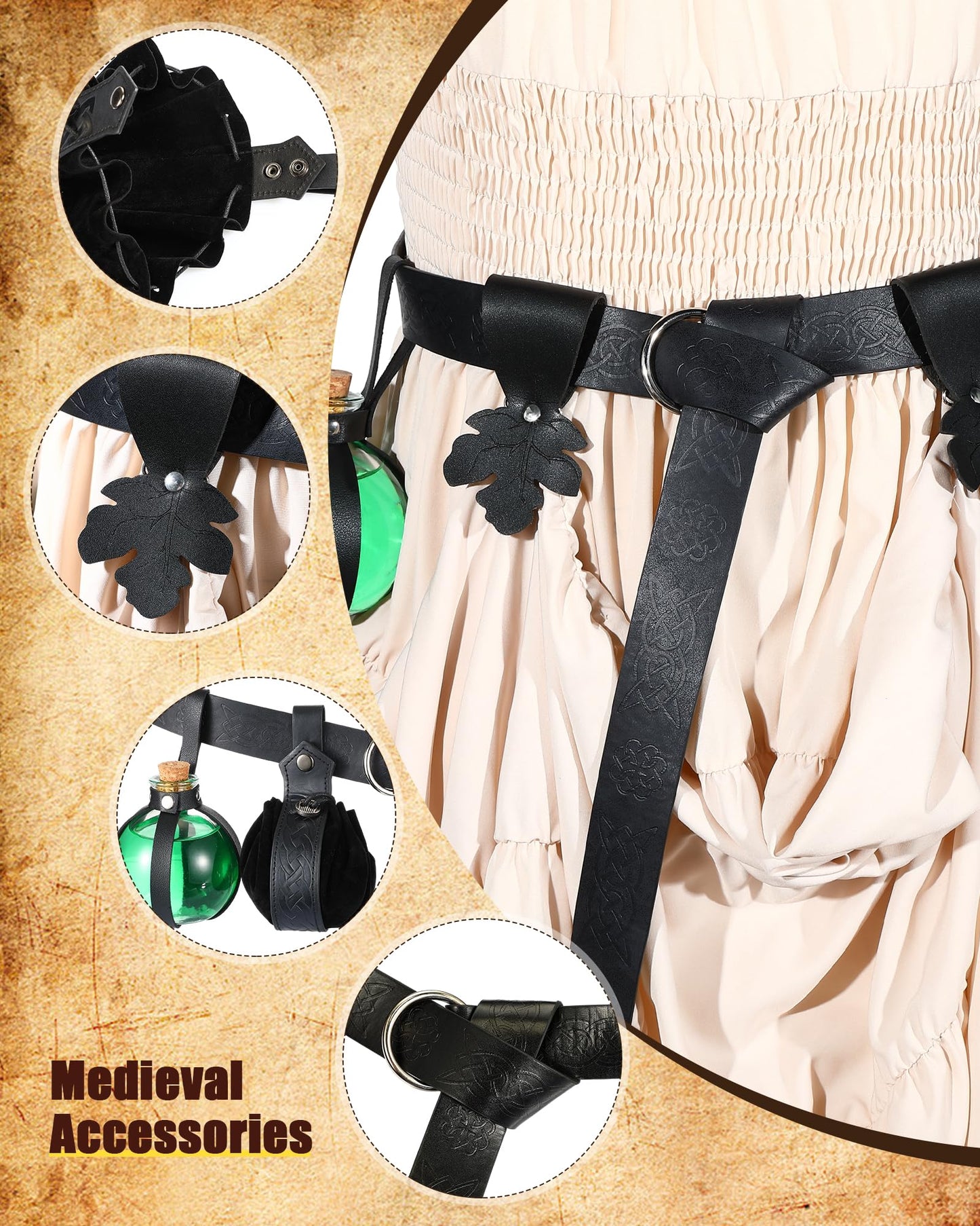 Sweetude 6 Pcs Renaissance Belt Accessories Medieval Viking Belt Potion Bottles Leather Pouch Skirt Hikes(Black,Classic Style)