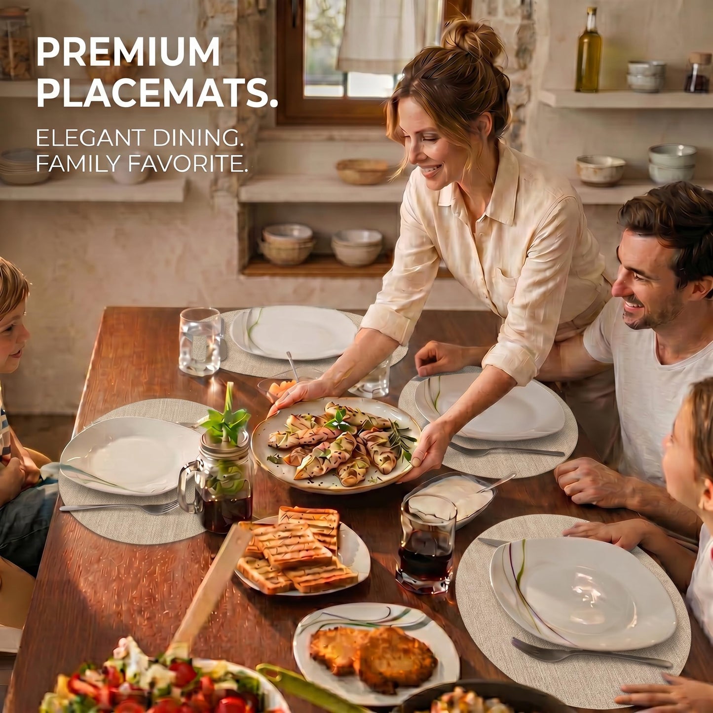 Faux Leather Placemats Set of 6, Wipeable Waterproof Stain Resistant Table Mats, Heat Resistant Thick Placemats with Hand-Painted Edges for Kitchen Dining, Imitative Linen Texture, Various Shapes