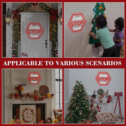 Santa Stop Here Neon Sign – Christmas LED Wall Light, Holiday Decoration for Home, Porch, or Party