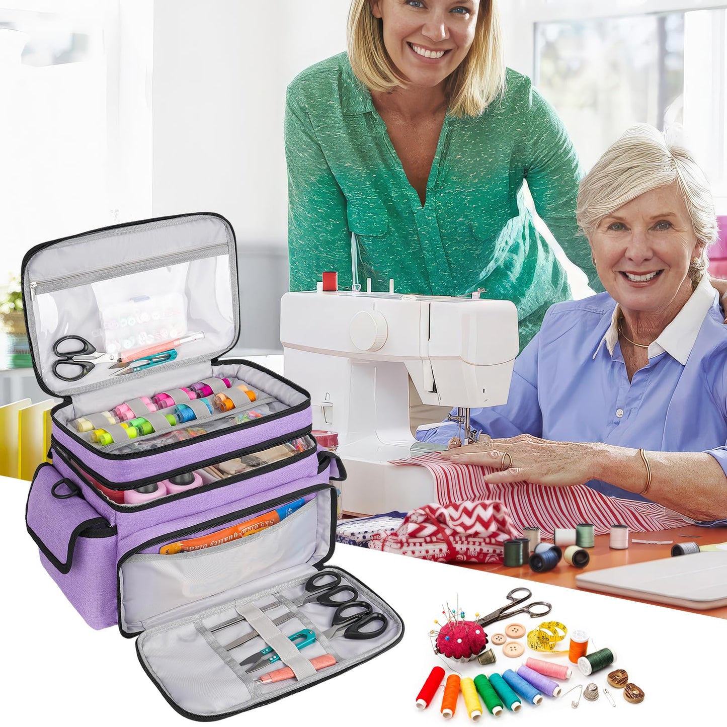 LEFOR·Z Large Sewing Supplies Organizer,Double-Layer Sewing Accessories Storage and Organizer Case Bag,Protable Travel Sewing Box Sewing Basket for Sewing Tools,Purple(Bag Only)