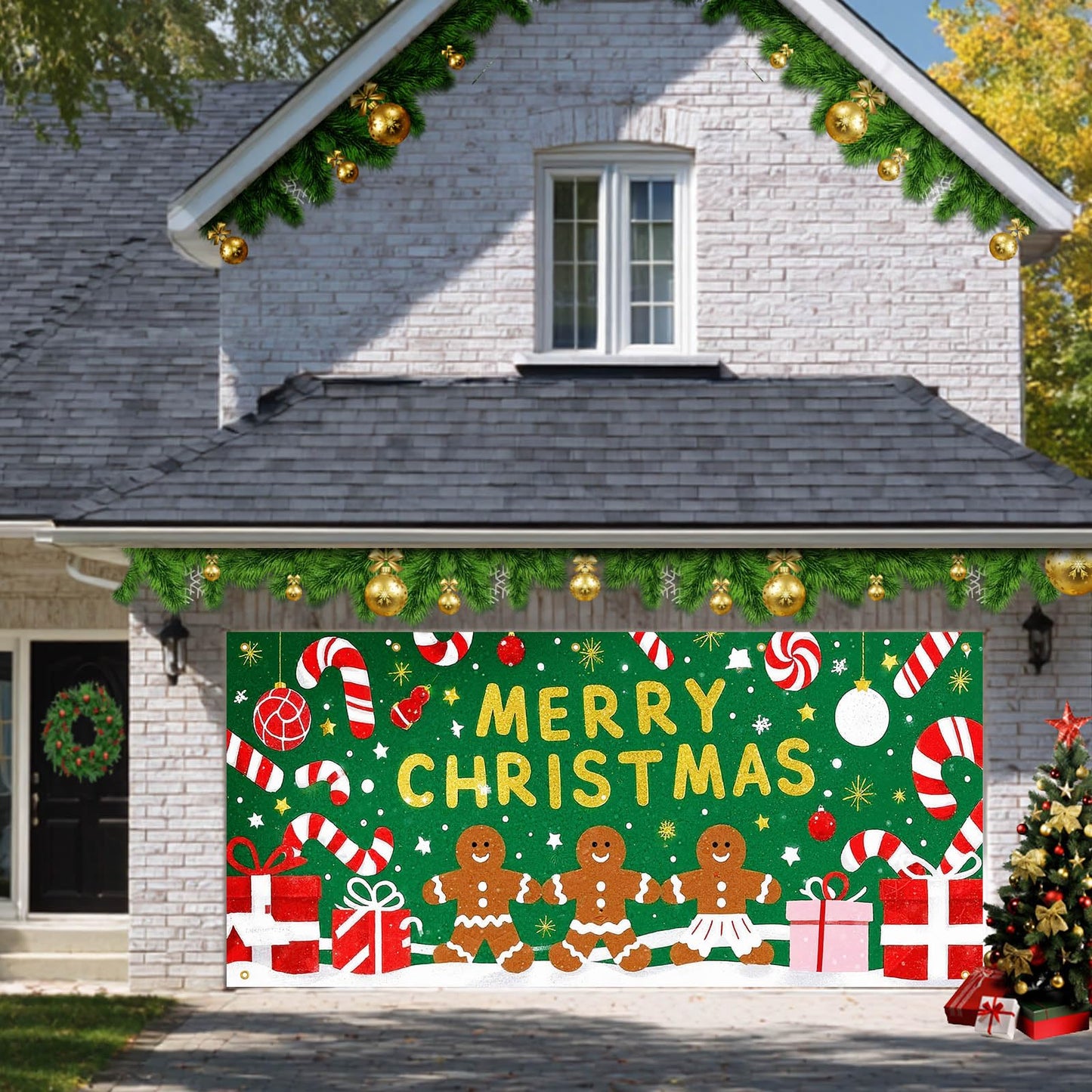 HOMETITUTE Merry Christmas Gingerbread Man Garage Door Banner 13x6ft Green Background Candy Gift Boxes Snowflakes Baubles Holiday Yard Display Photo Backdrop Outdoor Seasonal Decoration