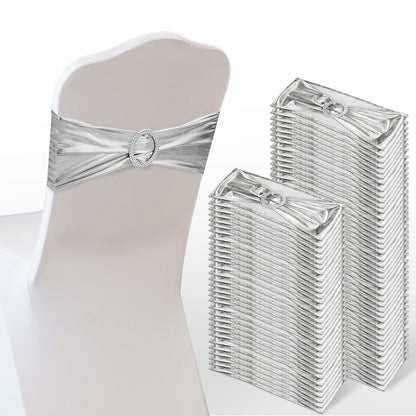 Oudain 120 Pieces Spandex Chair Sashes with Buckle Stretch Chair Cover Bands Bows for Wedding Hotel Banquet Events Decorations Sashes(Silver)