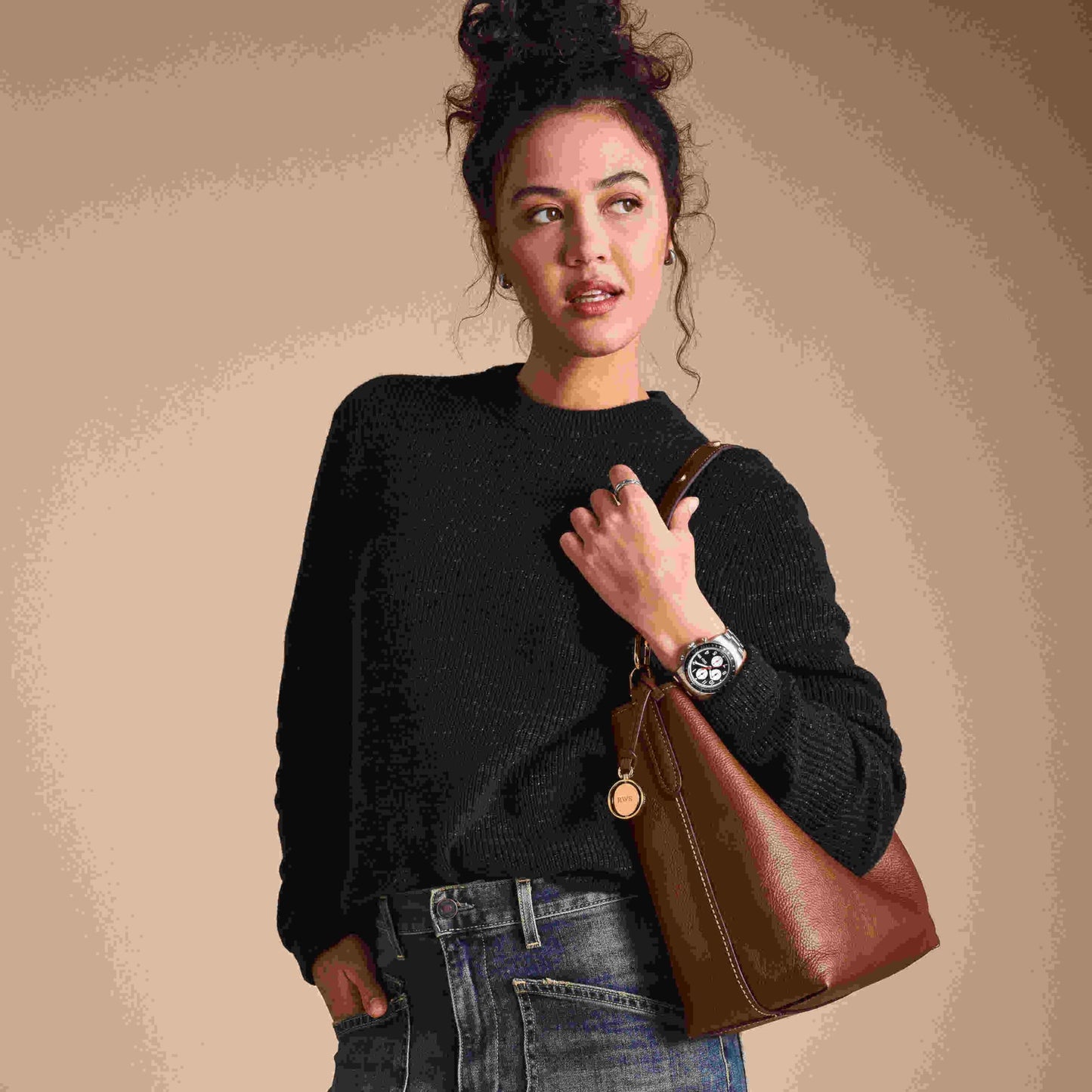 Fossil Women's Jessie Leather Bucket Shoulder Bag Purse Handbag, Purse for Women, Medium Brown