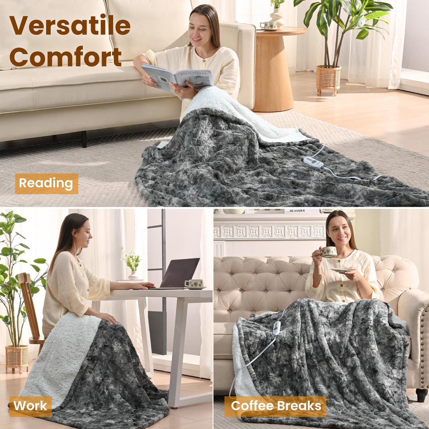 Bearhug Electric Blanket King Size 100" x 90", Dual Controller Heated Blanket, White Flower Patterns Faux Fur & Warm Sherpa, 10-Heat Levels & 1-12H Auto Off,ETL, Machine Washable
