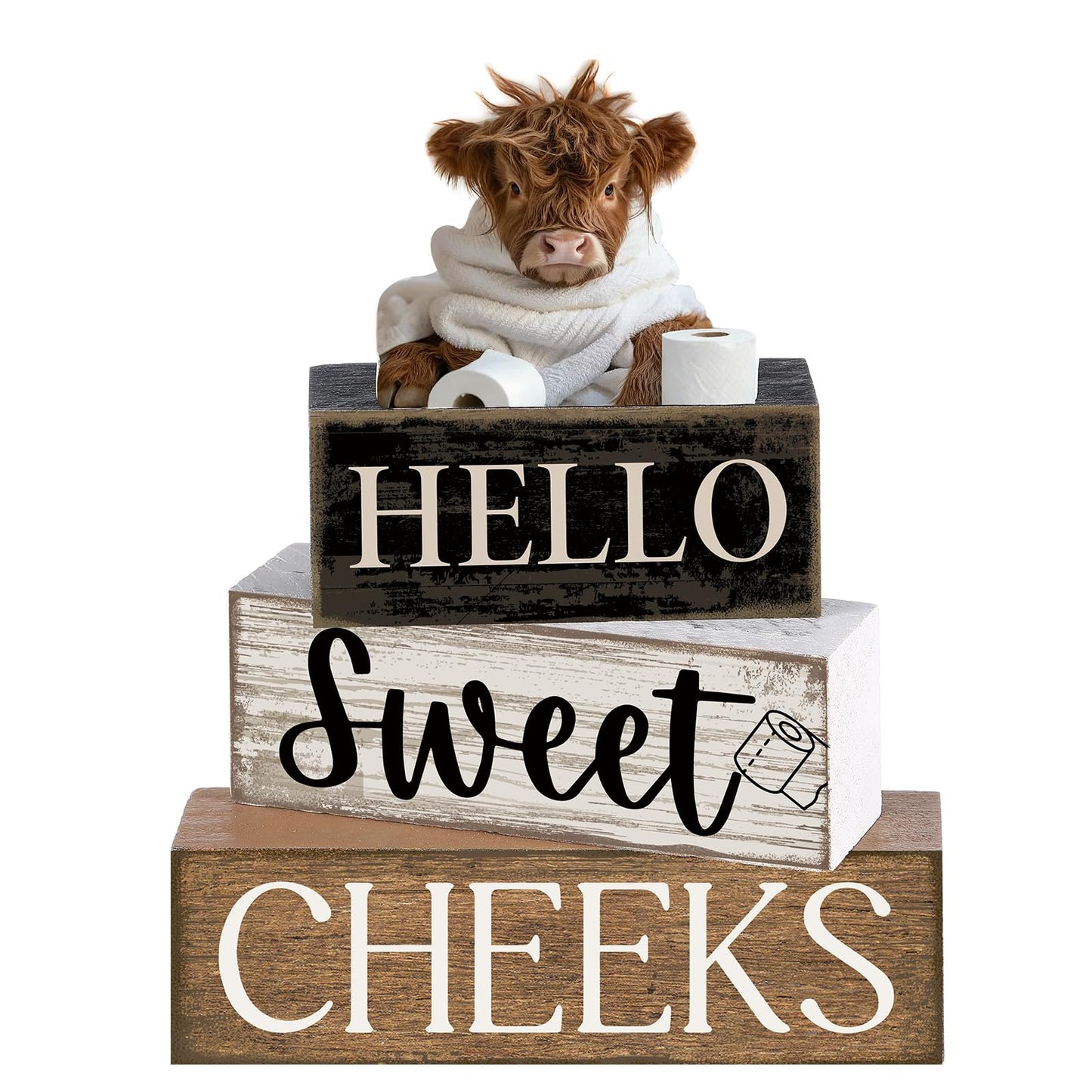 Moucuny 4 Pcs Bathroom Shelf Decor Highland Cow Farmhouse Bathroom Decor and Accessories Rustic Eucalyptus Leaves Hello Sweet Cheeks Highland Cow Sign Western Table Centerpiece for Home Office Toilet
