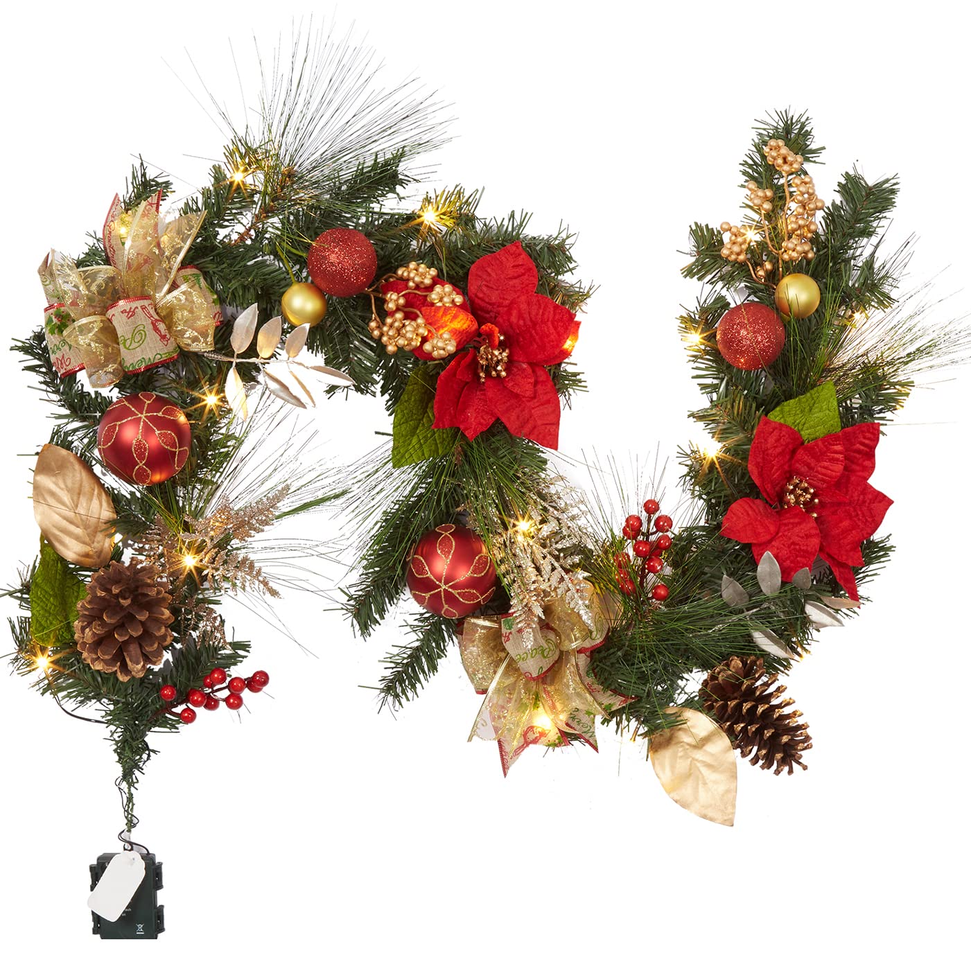 Adeeing 6FT Christmas Garland with Lights, Prelit Artificial Christmas Garland with Pine Cones Poinsettia, Cordless Xmas Garland for Fireplace Mantle Stairecase Indoor Outdoor Holiday Home Decorations