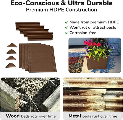 Raised Garden Bed - 1x1 ft Planter Box - Brown HDPE - No Tools Needed - DIY Kit for Urban Gardening, Flowers, Herbs & Vegetables - Made in The USA - 2 Pack